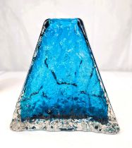 Whitefriars Geoffrey Baxter designed 'Pyramid' glass vase in Kingfisher blue, bark effect texture,