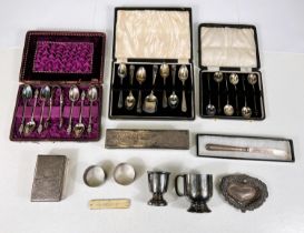 A cased set of 6 hallmarked silver beanknop teaspoons; napkin ring, cutlery etc