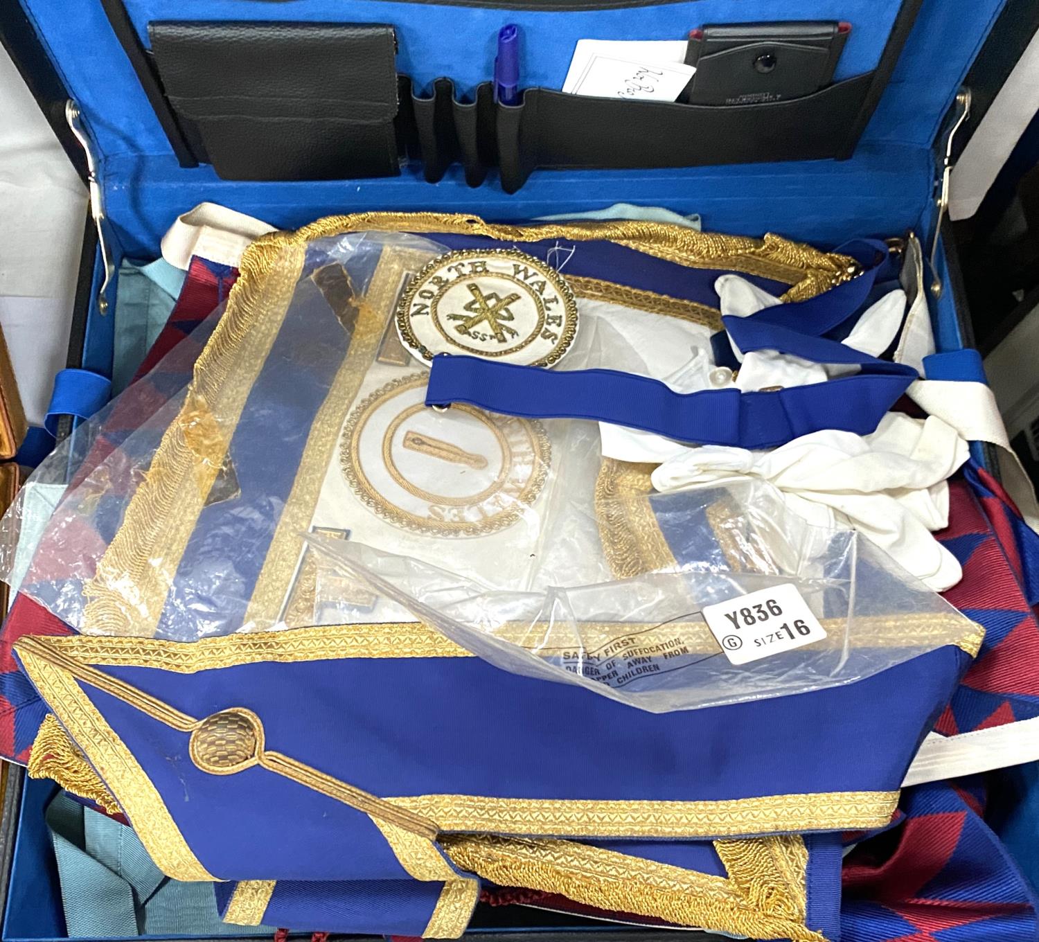 Two suitcases of Masonic aprons, regalia, jewels etc, some silver examples - Image 3 of 6