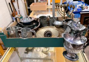 A silver plated claret jug and a selection of silver plate and pewter