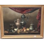 J. Liliana: still life of fruit and metalware on table top, oil on canvas, in gilt frame 60x80cm