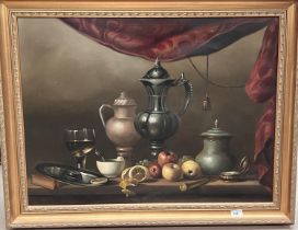 J. Liliana: still life of fruit and metalware on table top, oil on canvas, in gilt frame 60x80cm