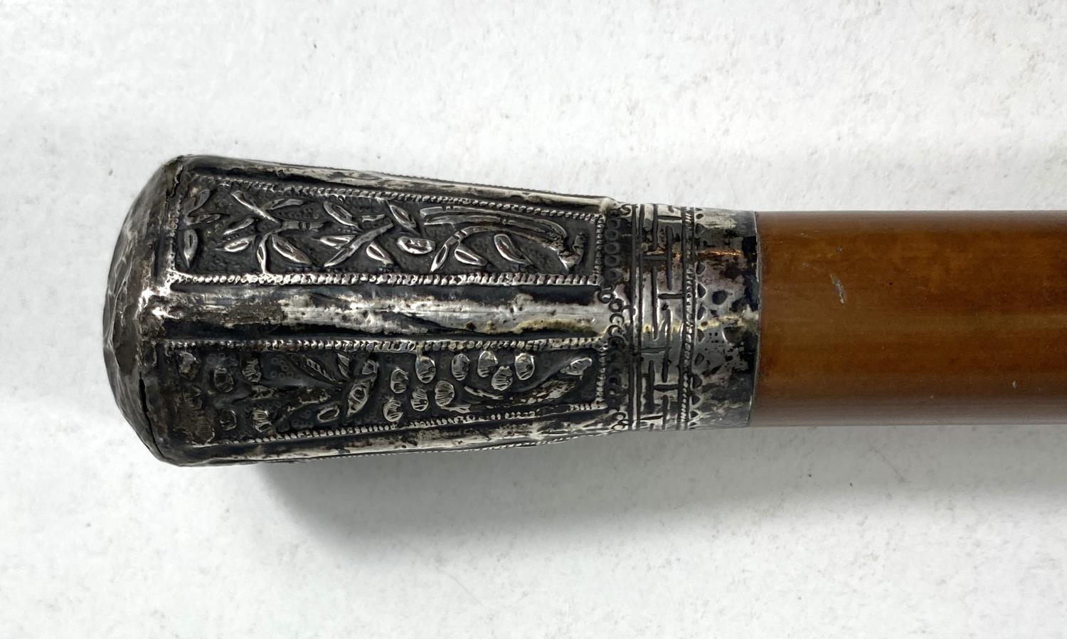 A Chinese military style walking cane with white metal embossed final with plants etc - Image 3 of 6