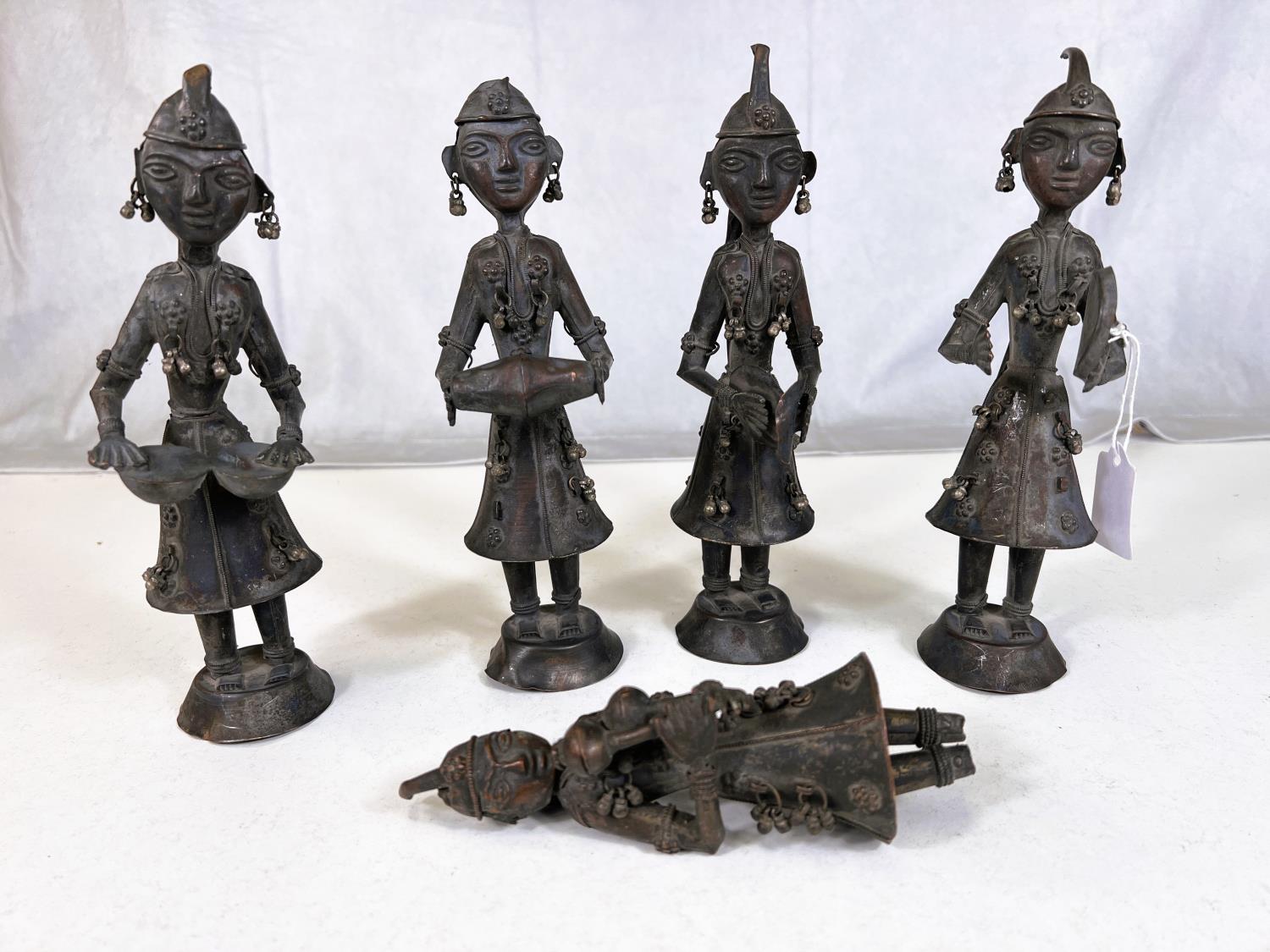 A set of 5 African copper figures playing musical instruments, ht. 22cm (one leg a/f)