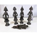 A set of 5 African copper figures playing musical instruments, ht. 22cm (one leg a/f)