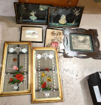 A pair of Victorian painted mirrors with flowers and insects, gilt frames, 58x27cm, a sampler of