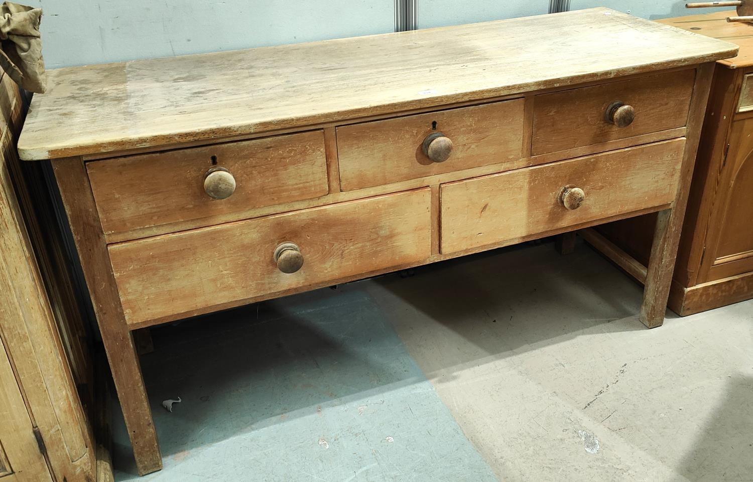 A Victorian stripped pine dresser base of 3 short and 2 long drawers - Image 2 of 2