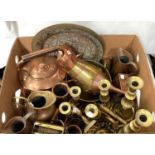 A selection of copper and brass inc. copper kettle, brass candlesticks, jugs, horse brasses etc