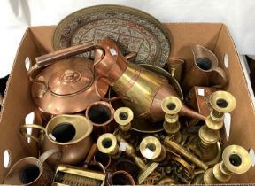 A selection of copper and brass inc. copper kettle, brass candlesticks, jugs, horse brasses etc