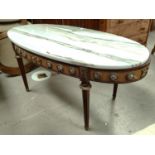 An oval Louis XVI style marble top mahogany coffee table