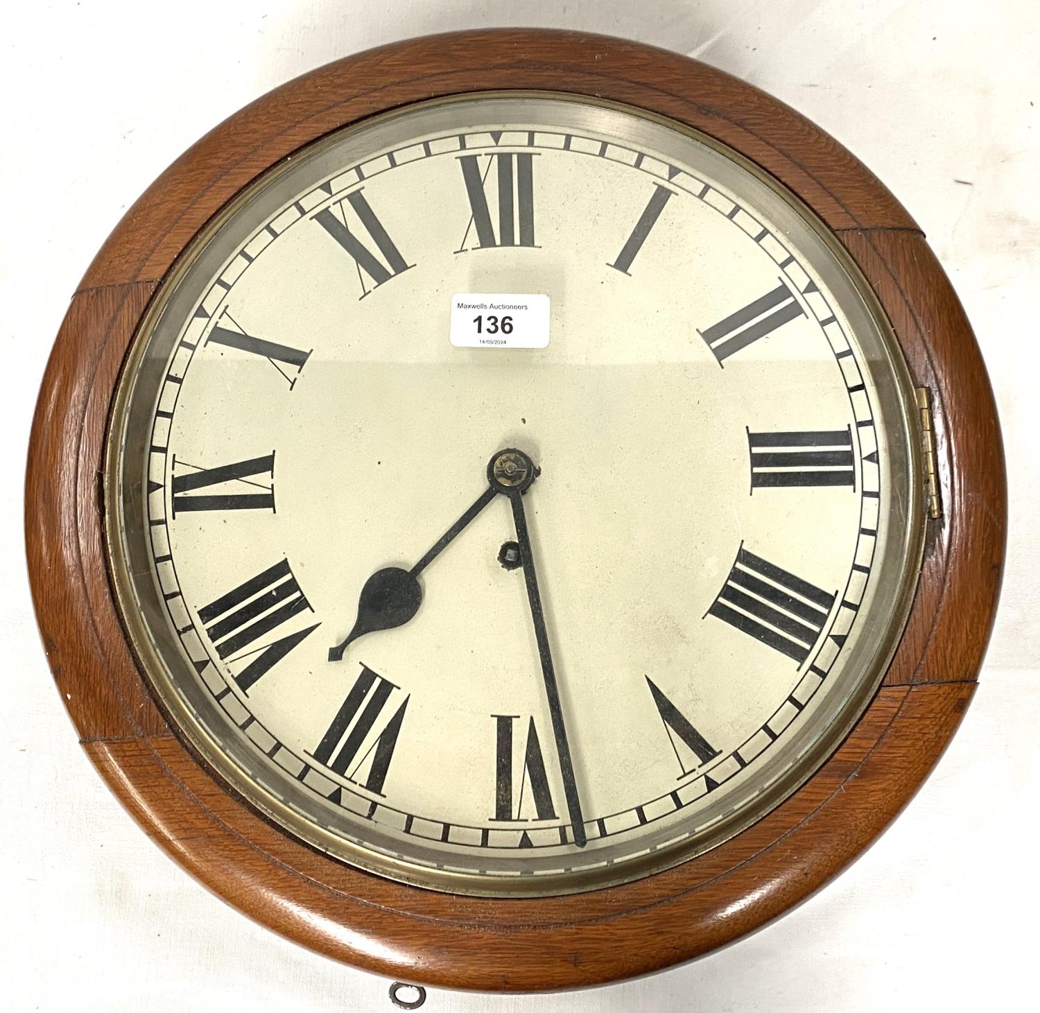 A 19th century oak cased circular wall clock with single train fusee movement, dia. 40cm