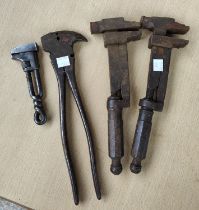 Four unusual possibly handmade wrench like tools