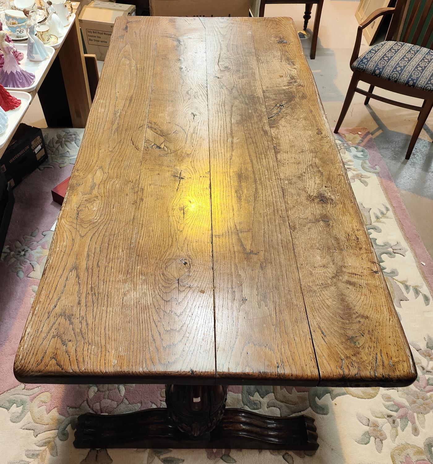 A large Elizabethan style refectory dining table with thick plank top and carved bulbous legs, - Image 3 of 3