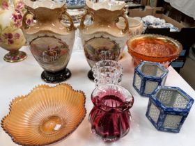 A large Waterford crystal fruit bowl, diameter 25cm; a pair of Victorian vases, 3 Carnival dishes