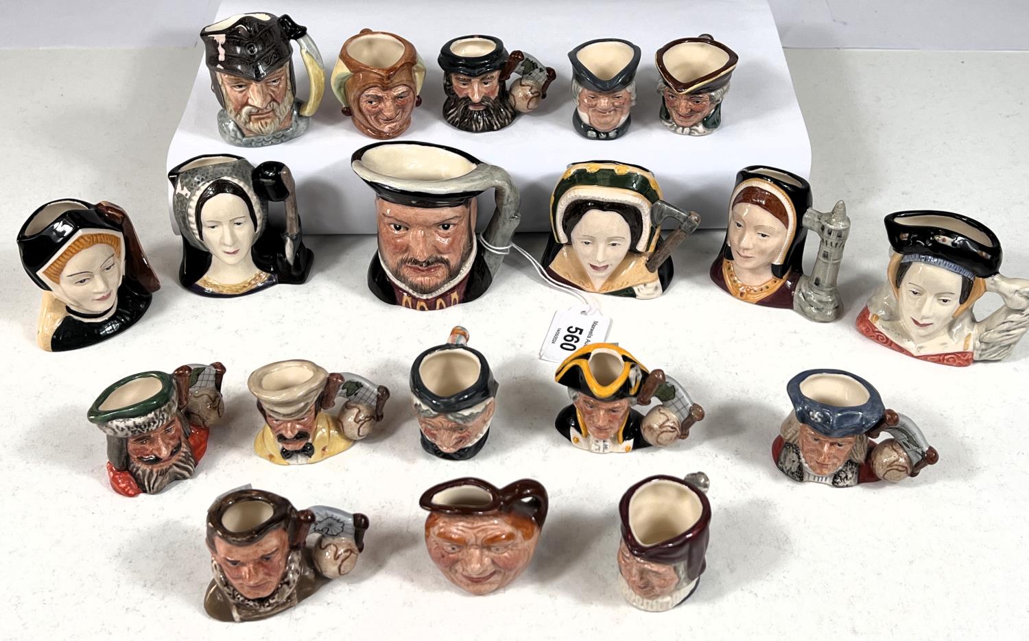 7 small Royal Doulton character jugs: Henry VIII and his 6 wives: 12 tiny Royal Doulton character