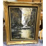 A 20th century river landscape with waterfall, oil on canvas, signed indistinctly, 60 x 45cm framed;