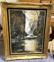 A 20th century river landscape with waterfall, oil on canvas, signed indistinctly, 60 x 45cm framed;