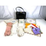 A vintage handbag, Kendals and other Handkerchiefs and Three pairs of opera gloves