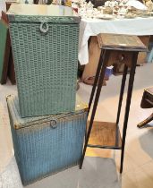 An Arts & Crafts style two tier plant stand with tile top, and two Lloyd Loom linen baskets