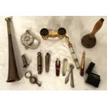 A Liverpool City Police whistle, a Metropolitan Whistle, other various collectables, opera glasses