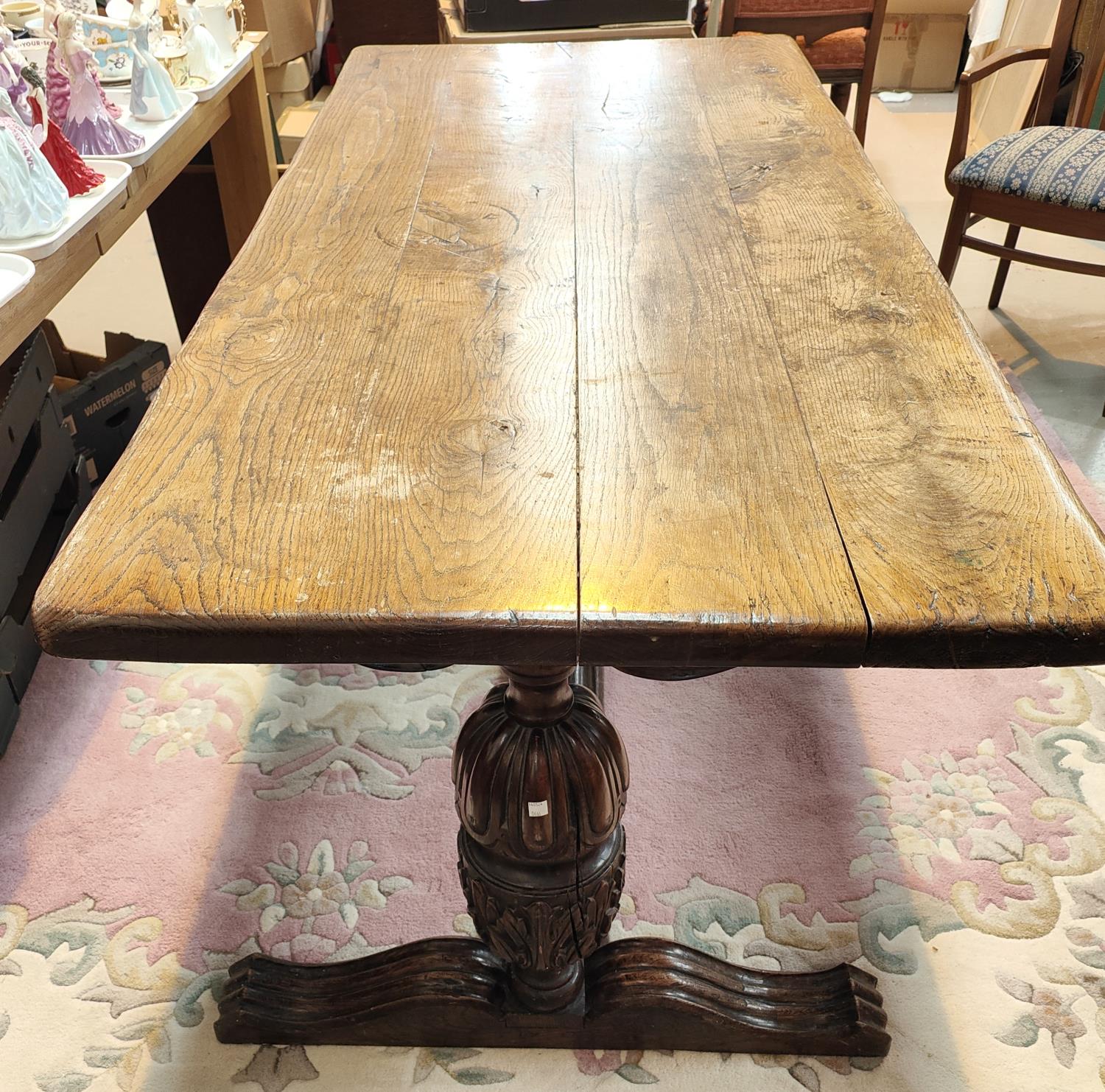 A large Elizabethan style refectory dining table with thick plank top and carved bulbous legs, - Image 2 of 3