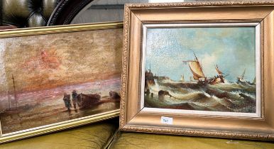 An oil on canvas painting of fishing ships on rough seas near harbour, in gilt frame and another
