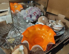 A selection of pottery and glassware, a collection of shells, mirrors, prints etc