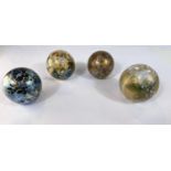 Isle of Wight Glass: three labelled paperweights with gold leaf and varying colours and an