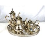 An oval silver plated gallery tray and silver plated tea/coffee pots