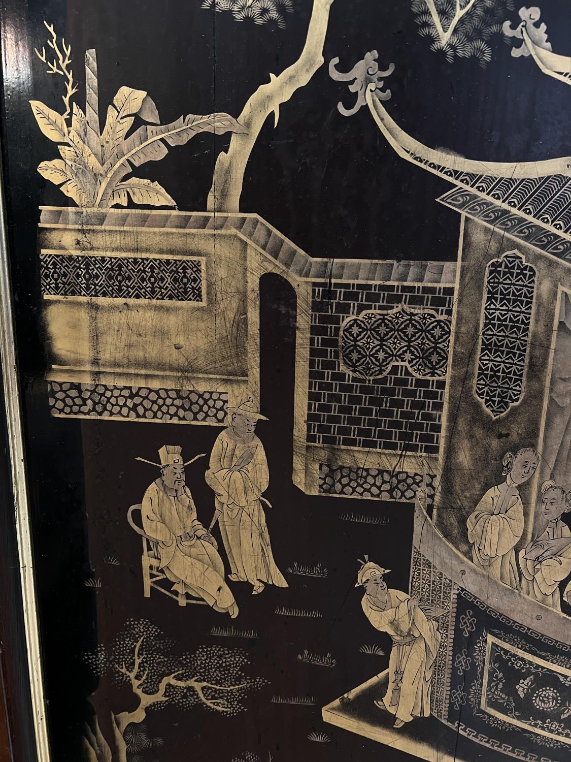 A mid 20the century Chinese lacquer panel with gilt decoration of a domestic scene - Image 3 of 4