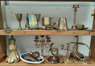 A collection of brass candlesticks, fittings etc and a large companion stand, copper shot flask,