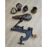 Three antique inert shell fuses, various models, a copper shot flask, a cartridge loader and a