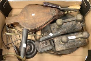 A selection of fireside items including a pair of andirons; 2 Golferina iron stands, bellows etc