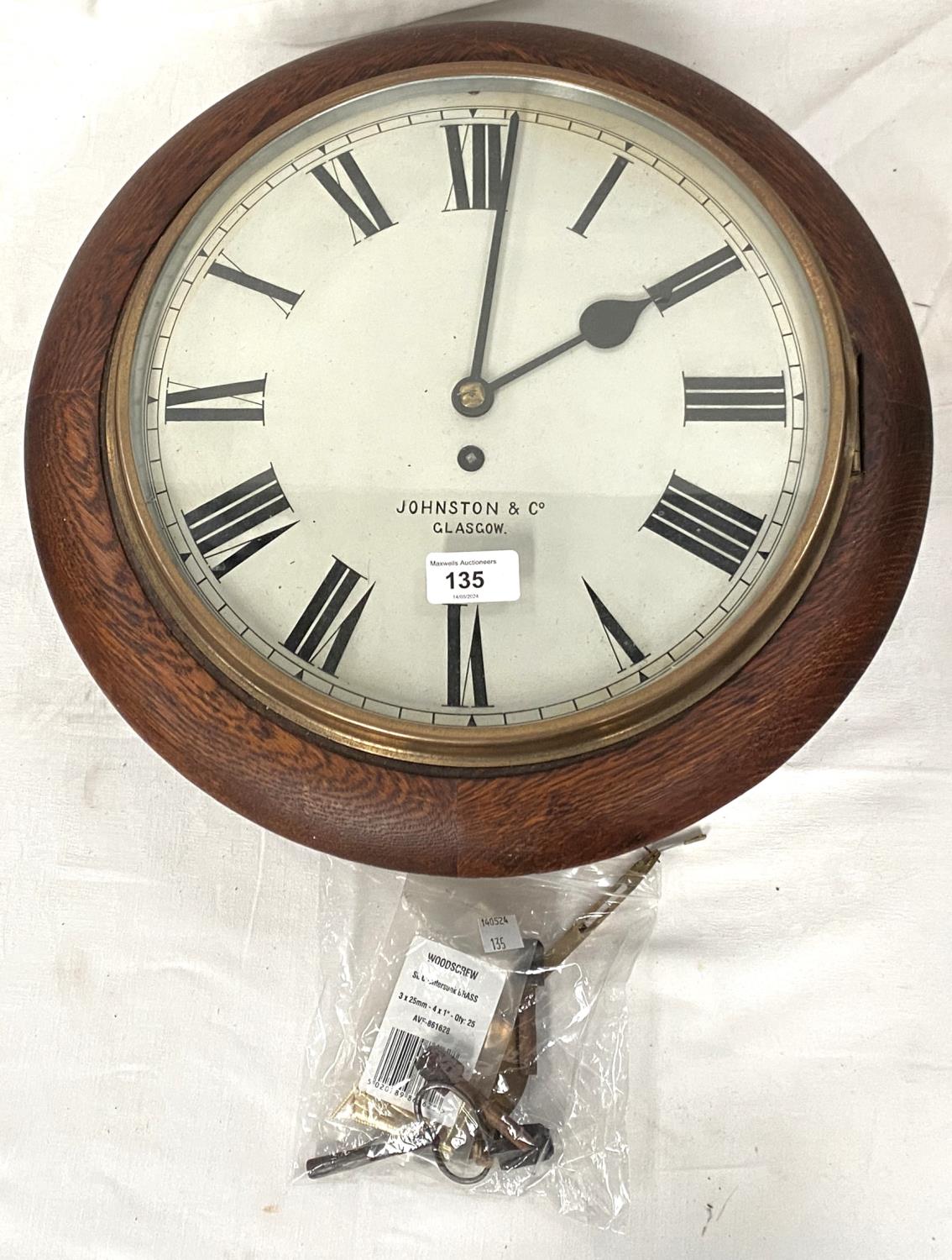 A 19th century oak wall clock with single train fusee movement by Johnston & Co, Glasgow, dia. 40cm - Image 3 of 4