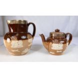 A Doulton two tone brown stoneware teapot and jug both with hallmarked silver rims, jug height 17cm,