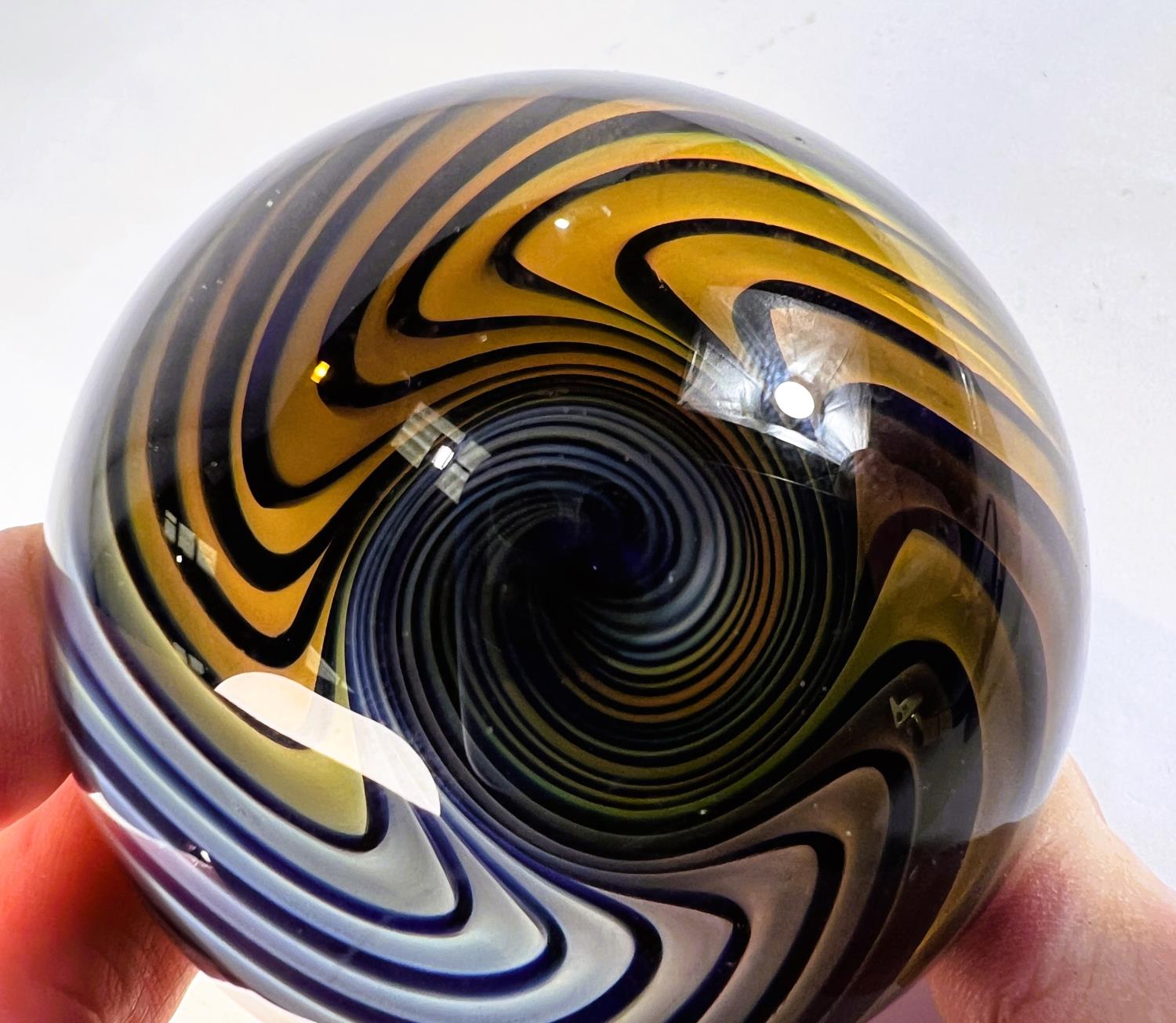 An unusual giant glass marble, with swirling vortex illusion inside, monogramed K to base, - Image 6 of 6