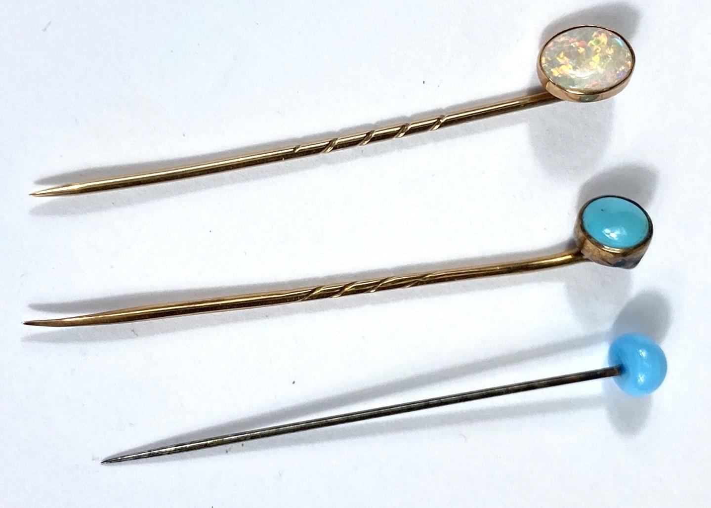 A cased opal and 9ct gold stick pin and two others set with Turquoise stones cased - Image 2 of 3