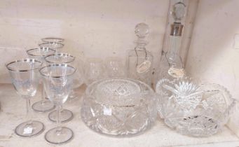 A selection of glassware, brandy and whisky decanters, 2 large bowls and 2 smaller, 6 brandy and 6