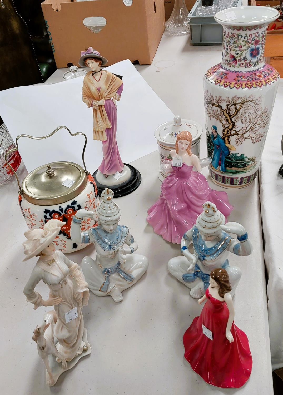 Two Royal Doulton figures "January" and "Victoria" (arm a.f); other figures and decorative pottery