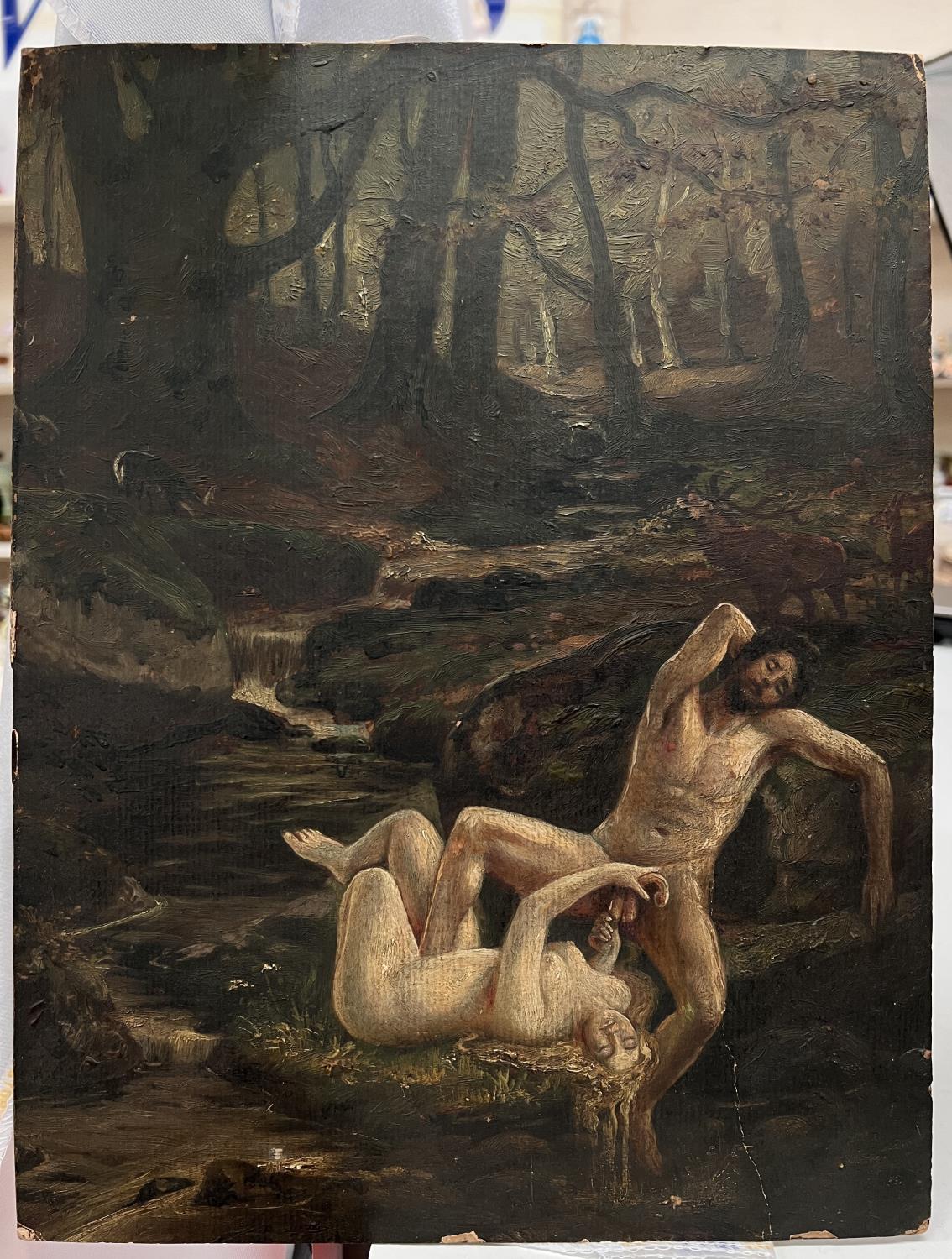Oil on card - woodland scene with figures in erotic scene unsigned 35x27cm