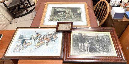 A large monochrome Victorian print of gundogs, in original rosewood frames and 2 other prints