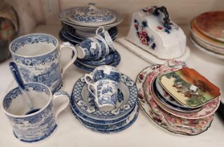 A Victorian cheese dish; A selection of blue and white and other decorative pottery