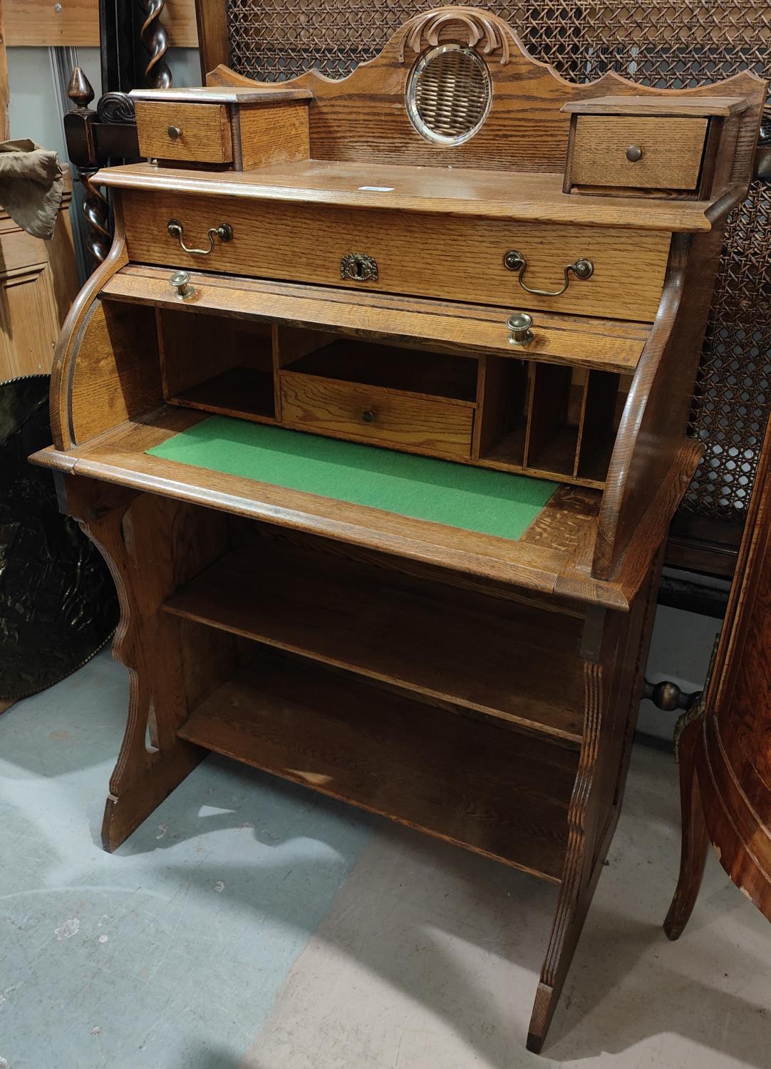 An arts and crafts cylinder bureau with shelves below - Image 2 of 2