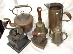 A copper kettle, brass bells; a charcoal iron, coffee grinder etc