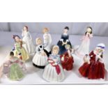 A selection of 10 small Royal Doulton figures:- Joy HN3875, Babie HN1679, Cherie HN2341, Darling