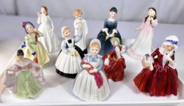 A selection of 10 small Royal Doulton figures:- Joy HN3875, Babie HN1679, Cherie HN2341, Darling