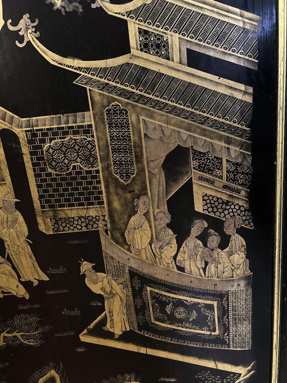 A mid 20the century Chinese lacquer panel with gilt decoration of a domestic scene - Image 2 of 4