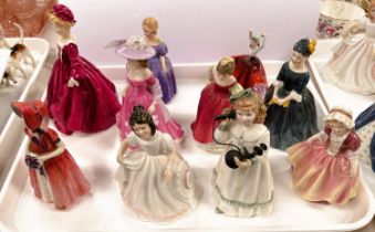 A selection of 10 small Royal Doulton figures:- Dinky Do HN2120, Cherie HN2341, Karen HN3270,