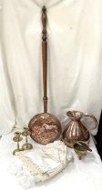 A 19th century copper beer jug, one gallon: a copper warming pan; a selection of lace and other