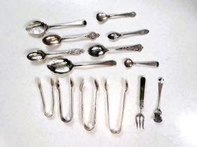 A mixed selection of hallmarked silver teaspoons, sugar tongs etc, 5.3oz
